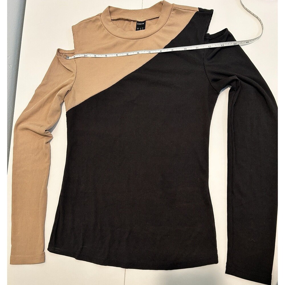 Womens Tan Cold Shoulder Shirt Long Sleeve Ribbed Knit Slim Fit Top Size S - Picture 6 of 8